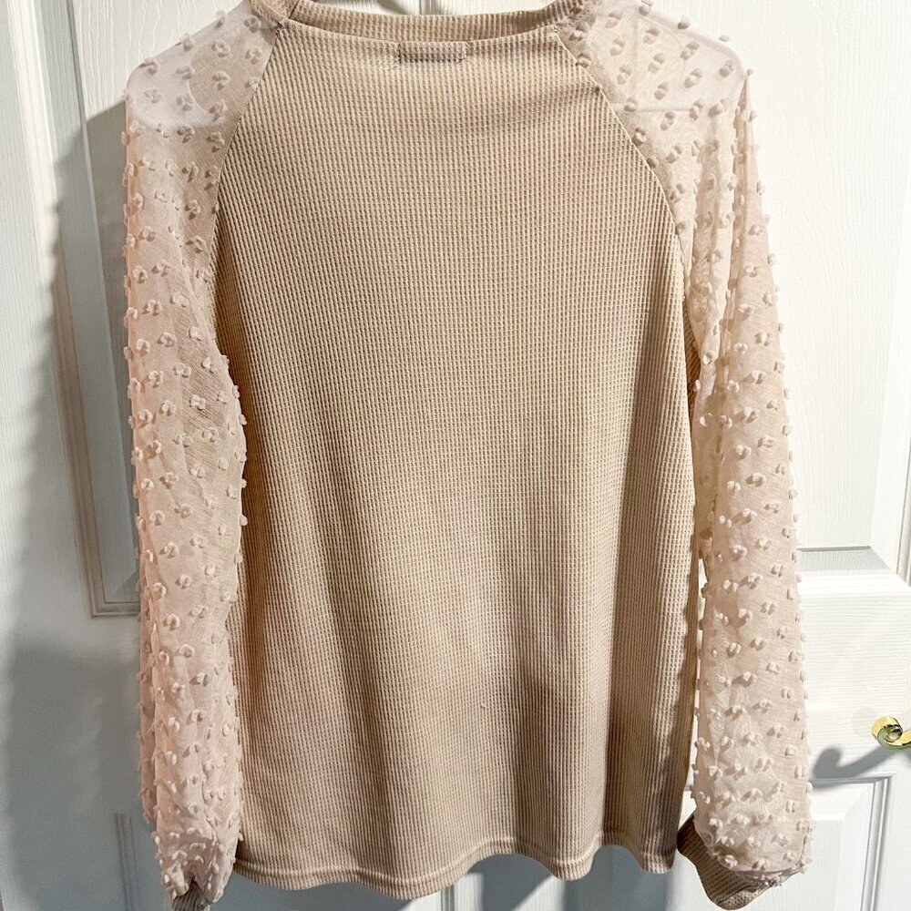 MIHOLL Large Solid Cream Sheer Pompom Balloon Sleeves Waffle Knit Shirt - Picture 4 of 4